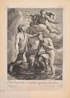 Cca 1650-1700 Nicholas Poussin (1594-1665) után, Jean Pesne (1625-1700): Jézus megkeresztelése (Jesu baptisato et orante apertum est coelum). Rézmetszet, papír, jelzett a nyomaton, felső lapszéle papír paszpartura ragasztva. Oldalán kisebb szakadásokkal, hajtásnyommal, 35x25 cm