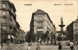 1917 Budapest VIII. Kálvin tér, szökőkút, villamos, Magyar Lámpaáru gyár, Calvin kávéház