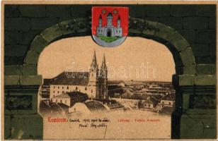 Komárom, Komárnó; Freisinger Mór kiadása. Címeres, szecessziós keret / Coat of arms, Art Nouveau litho frame