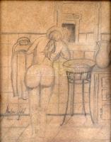 Mautner Antal (?-): Akt fürdőszobában, ceruza, papír, jelzett, üvegezett keretben, 23×18 cm