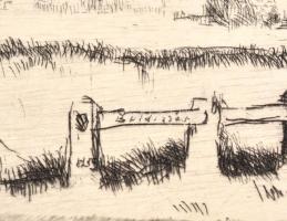Boldizsár István (1897-1984): Faluvég. Rézkarc, papír, (hátoldalán hagyatéki pecsét) 12x28 cm