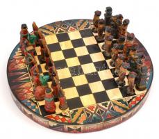 Egyedi készítésű, kézzel festett sakk tábla, kézzel festett kerámia és üveg sakk figurákkal d:28 cm