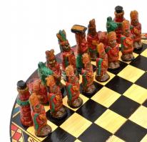 Egyedi készítésű, kézzel festett sakk tábla, kézzel festett kerámia és üveg sakk figurákkal d:28 cm