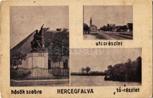 1943 Hercegfalva (Mezőfalva), utca, Hősök szobra, tó (EK)