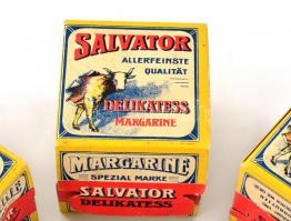 Salvator Delikatess Margarine-os papírdoboz, 3 db, egyen gyűrődéssel, kis sérüléssel, 7x7 cm