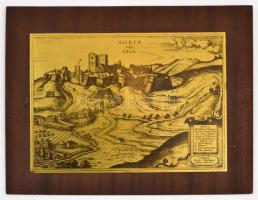 Eger fém nyomat a város képével, fa talapzaton, 17x24 cm
