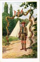 Őrségen cserkésztáborban magyar címerrel. Rigler József Ede 8002. / Hungarian scout art postcard