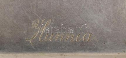 "Hunnia" feliratú alpakka tálca, jelzett (J.L. Herrmann), foltokkal, 21x16 cm