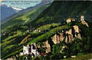 Merano, Meran (Südtirol); Die Brunnenburg und Burg Tirol mit St. Peter / castles  (EK)