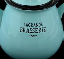 Butlers zöldeskék kávéskanna (jelzett), 3 db csészével, kopásnyomokkal, m: 15,5 cm, d: 10 cm