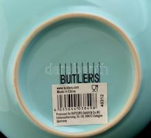 Butlers zöldeskék kávéskanna (jelzett), 3 db csészével, kopásnyomokkal, m: 15,5 cm, d: 10 cm