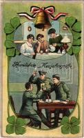 1916 Herzliche Neujahrsgrüsse / German WWI military New Year greeting. Art Nouveau, clovers + Mob. Bahnhofs-KOmmandantur 13. XX. A.K. (EK)