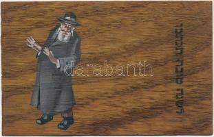1898 Rabbi, héber felirattal. Kézzel rajzolt és festett egyedi lap fakéregből / Rabbi, Hebrew text. Custom made hand-drawn and hand-painted wooden card made out of tree bark. Judaica (tear)