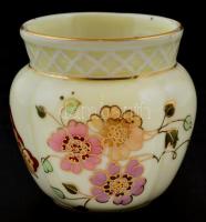 Zsolnay pillangómintás porcelán mini kaspó, kézzel festett, jelzett, kis kopásnyomokkal, m: 6,5 cm