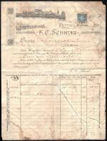 1884 Pettau, Factura von F.C. Schwab gyár német nyelvű, fejléces számlája, esztergomi lakos részére, foltos, 1 Kr. osztrák okmánybélyeggel.