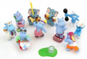 Kinder és egyéb figurák (Happy Hippo, Nyaraló elefántok, Hupikék törpikék), 10 db
