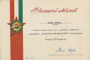 1979. Munkásőr kitüntetés, eredeti tokban, adományozó oklevéllel T:2