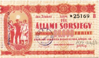 1950. XVI. Állami sorsjáték, fél sorsjegy 60.000Ft-ról lila "Benkő R.T." bélyegzővel T:II- R!