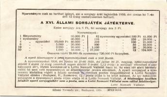 1950. XVI. Állami sorsjáték, fél sorsjegy 60.000Ft-ról lila "Benkő R.T." bélyegzővel T:II-...