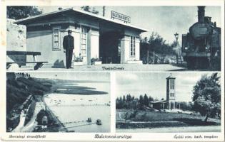 1943 Balatonakarattya, vasútállomás, gőzmozdony, épülő római katolikus templom, Bercsényi strandfürdő