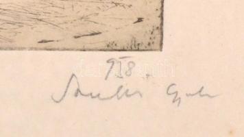 Somlai Gyula (1913 - 1945): Kertkapu, Rézkarc, papír. Jelzett. 15x10 cm Üvegezett keretben