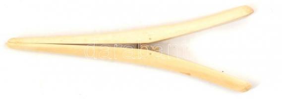 Antik csont kesztyűtágító, kopásnyomokkal, rúgónál a csont törött, h: 17 cm