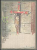 Horváth J. Károly (1873-1961): Jézus a feszületen . Kréta, karton, jelzett és datált (1916), hátoldalán autográf felirattal a festő címével (Pasing, ma München része) és a mű árával (Preis Mr. 700), 36×26 cm