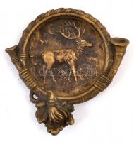 Vadász témájú bronz tálka, szarvassal, 13,5×14 cm