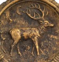 Vadász témájú bronz tálka, szarvassal, 13,5×14 cm