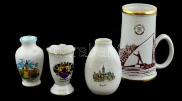 4 db porcelán és kerámia tárgy (kis váza, söröskorsó, stb.), jelzettek, kis kopásnyomokkal