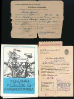 cca. 1947-88, össz. 4 db kerékpár számla, bejelentés, jótállási jegy valamint kezelési és karbantartási útmutató