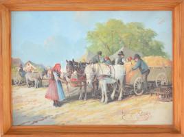 Gutaházy Németh Gyula (1892-1959): Lovasszekér a vásáron. Olaj, karton, jelzett, keretben, 25,5×34,5...