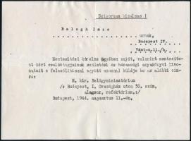 1944 Bp., Zsidótörvények alól mentesítő okirat korabeli hitelesített fotokópiája