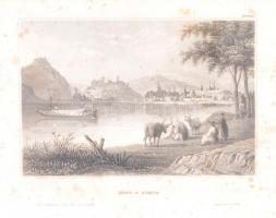 cca 1840-50 Ofen und Pesth (Buda és Pest a Csepel szigetről nézve), aus d.Kunsanstalt d.Bibliogr. Int. Hildbh. Acélmetszet, papír, foltos, üvegezett fa keretben, 9,5x14,5 cm