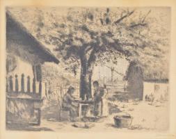 Boldizsár István (1897-1984): Kertfa alatt. Rézkarc, papír, jelzett, üvegezett keretben, 23,5×30,5 cm