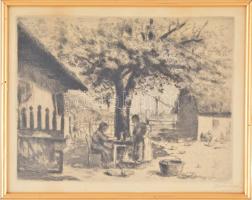 Boldizsár István (1897-1984): Kertfa alatt. Rézkarc, papír, jelzett, üvegezett keretben, 23,5×30,5 c...