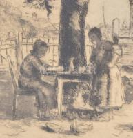 Boldizsár István (1897-1984): Kertfa alatt. Rézkarc, papír, jelzett, üvegezett keretben, 23,5×30,5 c...