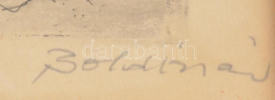 Boldizsár István (1897-1984): Kertfa alatt. Rézkarc, papír, jelzett, üvegezett keretben, 23,5×30,5 c...