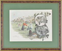 Georg Schöbel (1861-?): Teniszező hölgyek Norderney szigetén. Fametszetről készült nyomat, papír, jelzett a nyomaton, üvegezett keretben, 17,5×23,5 cm