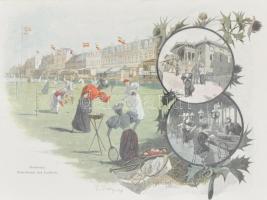 Georg Schöbel (1861-?): Teniszező hölgyek Norderney szigetén. Fametszetről készült nyomat, papír, je...