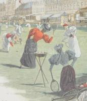 Georg Schöbel (1861-?): Teniszező hölgyek Norderney szigetén. Fametszetről készült nyomat, papír, je...