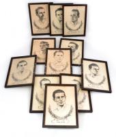 1953 Az Aranycsapat tagjainak feliratozott arcképe, ofszet, papír, keretben, vegyes állapotban, 28×20 cm