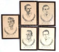 1953 Az Aranycsapat tagjainak feliratozott arcképe, ofszet, papír, keretben, vegyes állapotban, 28×2...