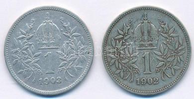Ausztria 1902-1903. 1K Ag "Ferenc József" (2x) T:3 patina Austria 1902-1903. 1 Corona Ag &...