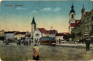 1917 Pozsony, Pressburg, Bratislava; Vásár tér, villamos / square, tram (szakadások / tears)