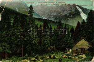 Tátra, Vysoké Tatry; Fehérvíz-völgy, vadászház és Kress kút. Feitzinger Ede No. 921. 1905. / Weisswassertal, Jagdhütte beim Kressbrunnen / Dolina Bielej vody / valley, hunting house, well (EB)