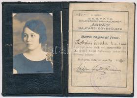 cca 1925-26 B. K. M. P. P. T. E. Bölcsészettanhallgatók "Árpád" Bajtársi Egyesülete Daru tagsági jegy, fényképes, bélyegzővel ellátott okmány