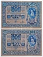 1902. 1000K (2x), egyik piros "MAGYARORSZÁG" körbélyegzővel T:III- szakadás, másik bélyegz...