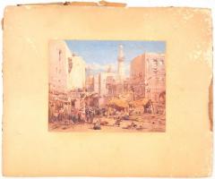 Eduard Hildebrandt (1818-1868) Kairói piac, nyomat kartonon, a karton foltos, kopott, 23x29 cm