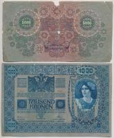 Ausztria 1922. 5000K T:IV lyuk, szakadások + 1902. 1000K piros "Deutschösterreich" felülbé...